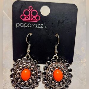 paparazzi Silver-Tone Floral Drop Earrings with Bright Orange Cabochons